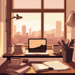 A study environment featuring a desk with books, a laptop, headphones, and a cup of coffee