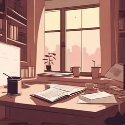 A study environment featuring a desk with books, a laptop, headphones, and a cup of coffee