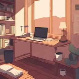 A study environment featuring a desk with books, a laptop, headphones, and a cup of coffee