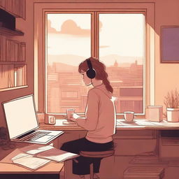 A study environment featuring a desk with books, a laptop, headphones, and a cup of coffee