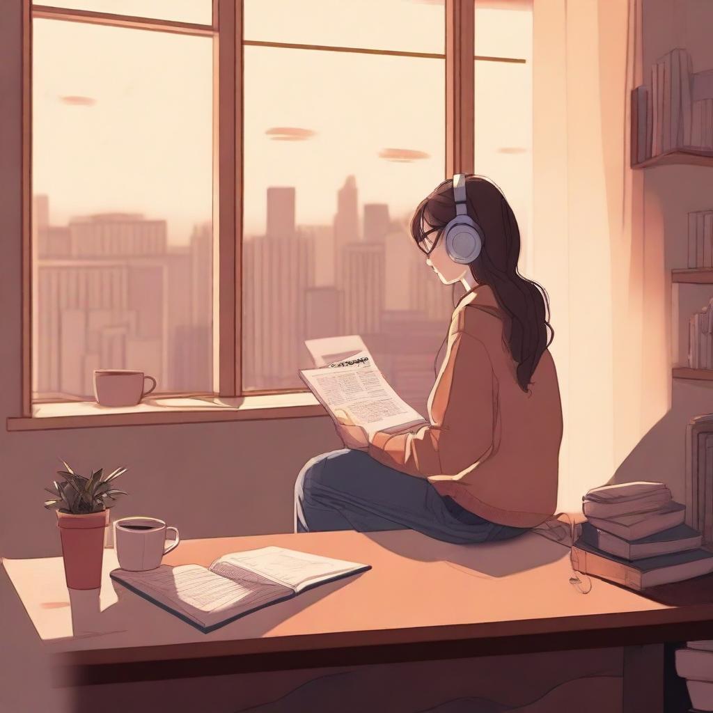 A study environment featuring a desk with books, a laptop, headphones, and a cup of coffee