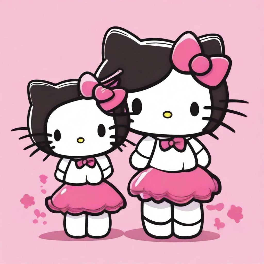 Two Hello Kitty characters, one with curly black hair and the other with straight black hair