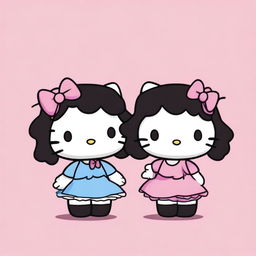 Two Hello Kitty characters, one with curly black hair and the other with straight black hair