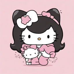 Two Hello Kitty characters, one with curly black hair and the other with straight black hair