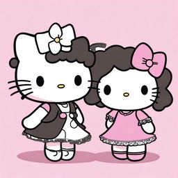 Two Hello Kitty characters, one with curly black hair and the other with straight black hair