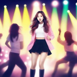 Create an image of a young woman who is a member of a K-pop company performing at a concert