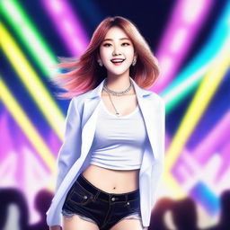 Create an image of a young woman who is a member of a K-pop company performing at a concert