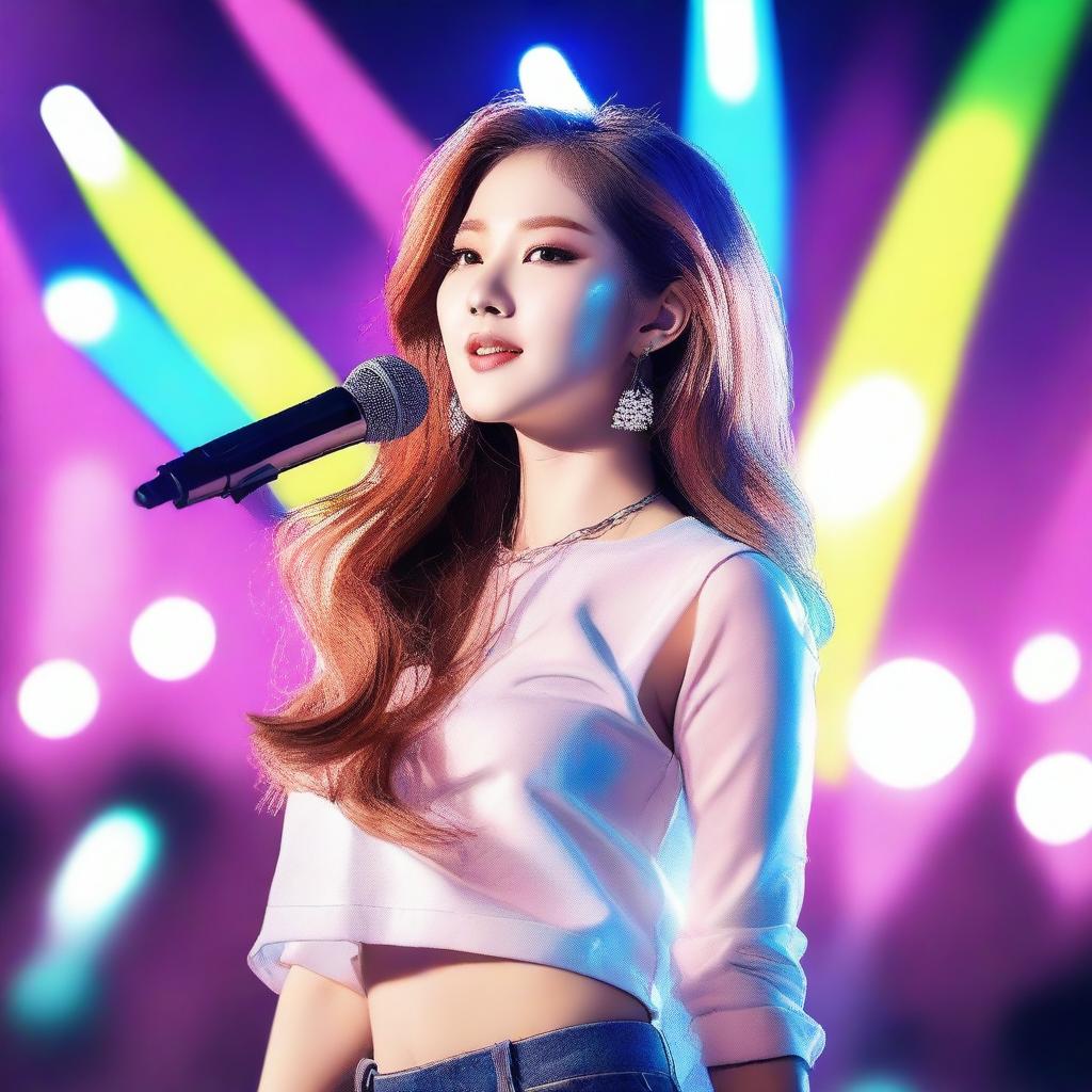 Create an image of a young woman who is a member of a K-pop company performing at a concert