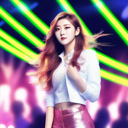 Create an image of a young woman who is a member of a K-pop company performing at a concert