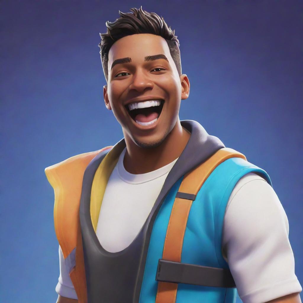 A vibrant Fortnite character caught mid-laughter, reflecting joy and playful spirit