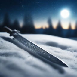 Cinematic photography of a snowy landscape at nighttime, featuring a close-up shot of a glaive sticking out of the snow