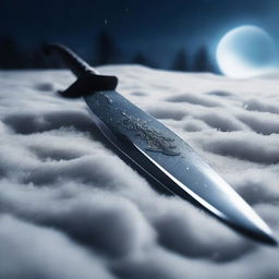 Cinematic photography of a snowy landscape at nighttime, featuring a close-up shot of a glaive sticking out of the snow