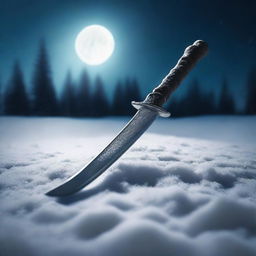 Cinematic photography of a snowy landscape at nighttime, featuring a close-up shot of a glaive sticking out of the snow