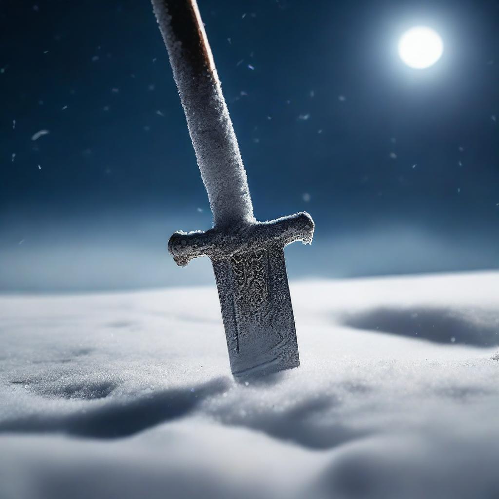 Cinematic photography of a snowy landscape at nighttime, featuring a close-up shot of a glaive sticking out of the snow