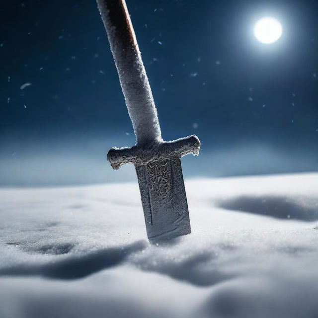 Cinematic photography of a snowy landscape at nighttime, featuring a close-up shot of a glaive sticking out of the snow