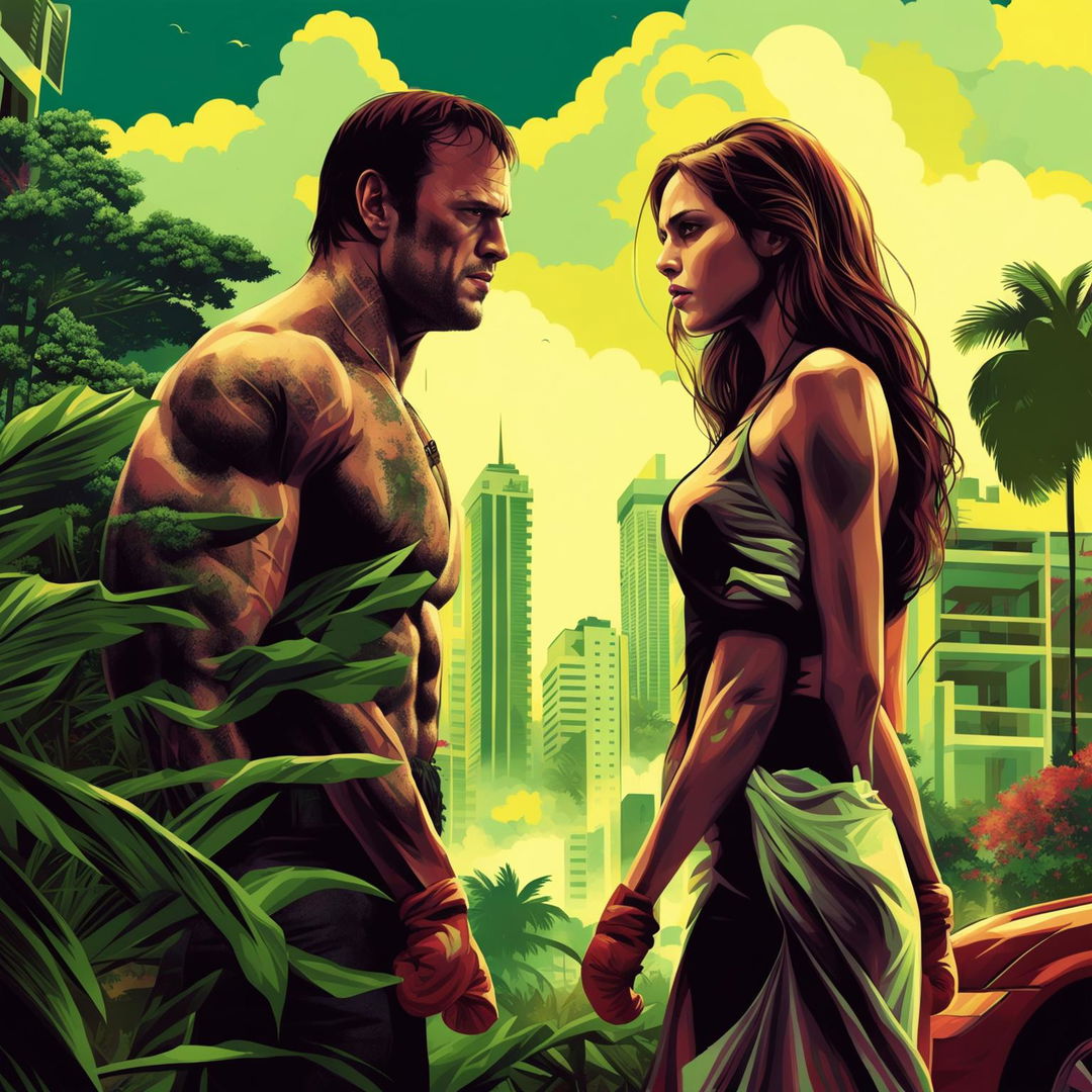 Create a high-quality, photo-realistic movie poster for 'The Ghost and the Fighter' featuring a shirtless kickboxing fighter resembling Jason Statham, a beautiful Latin woman, and a dark silhouette of a drug dealer, set against a tropical backdrop with business buildings and traditional houses