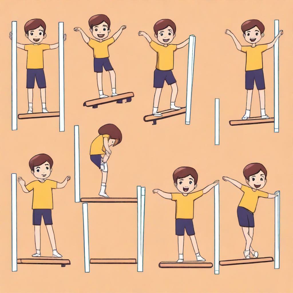 Create a 2D illustration of a character named Tom, an 8-year-old boy with brown eyes, performing 10 different gymnastic movements on parallel bars in a gym