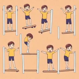 Create a 2D illustration of a character named Tom, an 8-year-old boy with brown eyes, performing 10 different gymnastic movements on parallel bars in a gym