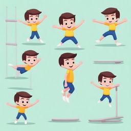 Create a 2D illustration of a character named Tom, an 8-year-old boy with brown eyes, performing 10 different gymnastic movements on parallel bars in a gym