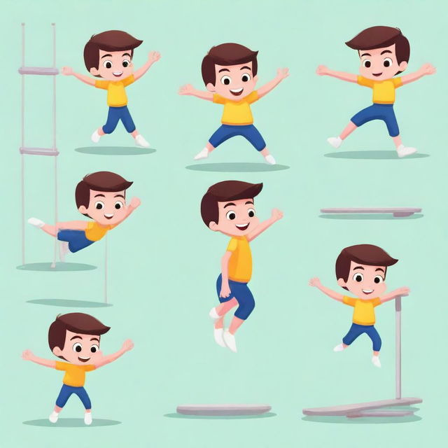 Create a 2D illustration of a character named Tom, an 8-year-old boy with brown eyes, performing 10 different gymnastic movements on parallel bars in a gym