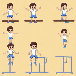 Create a 2D illustration of a character named Tom, an 8-year-old boy with brown eyes, performing 10 different gymnastic movements on parallel bars in a gym