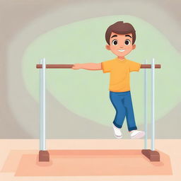 Create a 2D illustration of a character named Tom, an 8-year-old boy with brown eyes, performing 10 different gymnastic movements on parallel bars in a gym