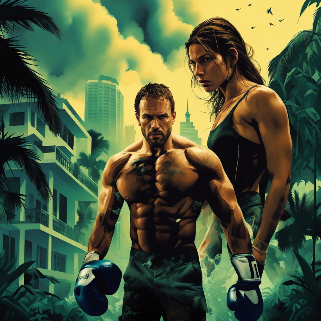 Create a fine-art photography style movie poster for 'The Ghost and the Fighter' featuring a shirtless kickboxing fighter resembling Jason Statham, a mix of big business buildings and traditional houses in a tropical setting, a beautiful Latin woman, and a dark, mysterious silhouette of a criminal in the background