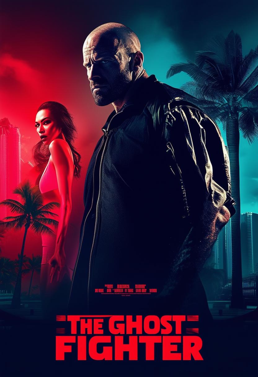 Create a photo-realistic movie poster for 'The Ghost and the Fighter' featuring a Jason Statham-like kickboxing fighter, a beautiful Latin woman, tropical buildings, and a dark silhouette of a drug dealer