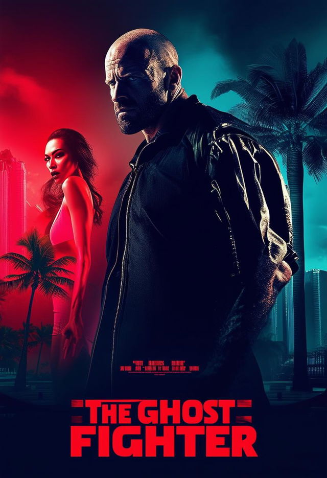 Create a photo-realistic movie poster for 'The Ghost and the Fighter' featuring a Jason Statham-like kickboxing fighter, a beautiful Latin woman, tropical buildings, and a dark silhouette of a drug dealer