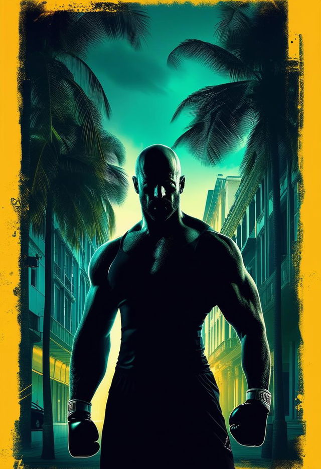 Create a photo-realistic movie poster for 'The Ghost and the Fighter' featuring a Jason Statham-like kickboxing fighter, a beautiful Latin woman, tropical buildings, and a dark silhouette of a drug dealer