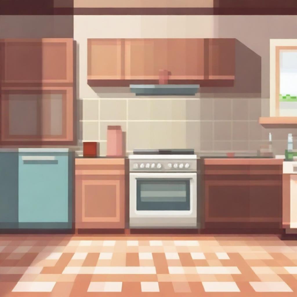 Create an image of a pixelated kitchen in daylight