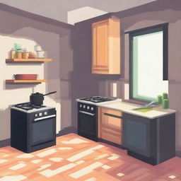 Create an image of a pixelated kitchen in daylight