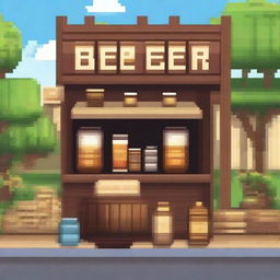 Create an image of a pixelated beer stall during the day