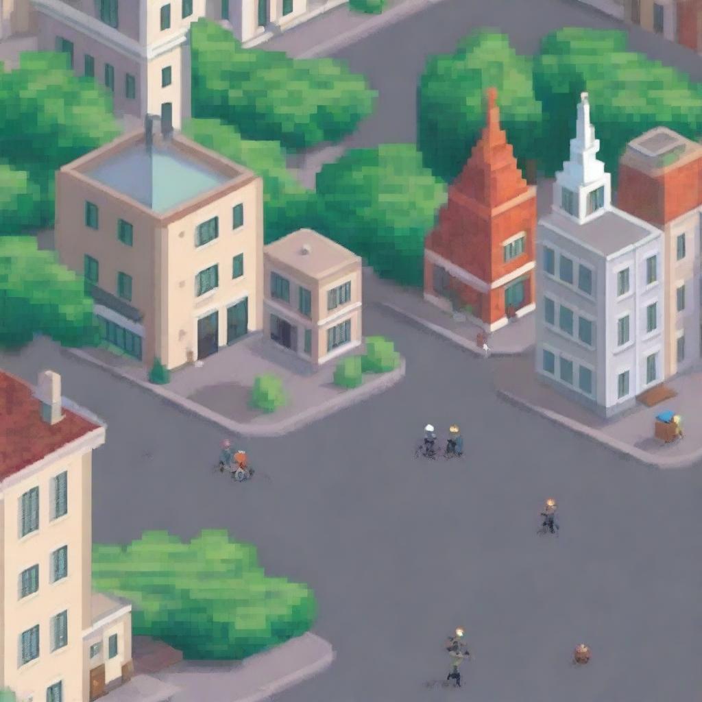 Create an image of a pixelated street in Russia during the day