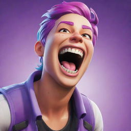 A detailed, colorful image of a Fortnite character laughing heartily, showing great joy.