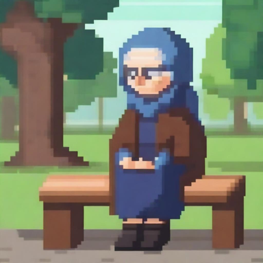 Create an image of a pixelated grandmother in a headscarf sitting on a bench