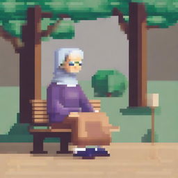 Create an image of a pixelated grandmother in a headscarf sitting on a bench