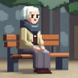 Create an image of a pixelated grandmother in a headscarf sitting on a bench