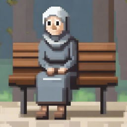 Create an image of a pixelated grandmother in a headscarf sitting on a bench