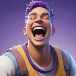 A detailed, colorful image of a Fortnite character laughing heartily, showing great joy.