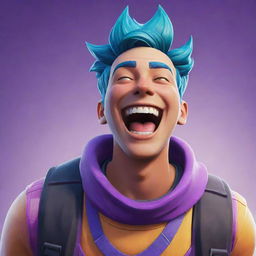 A detailed, colorful image of a Fortnite character laughing heartily, showing great joy.