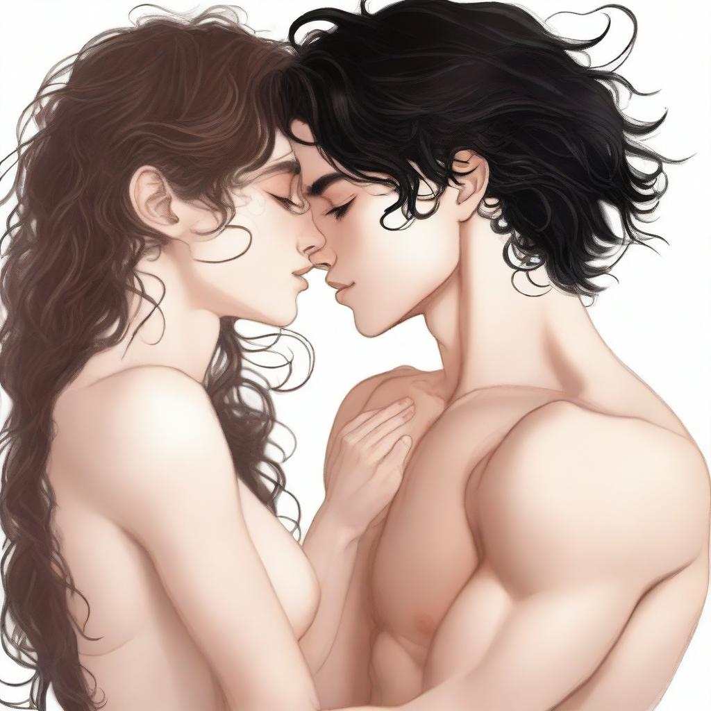 A romantic scene featuring a white girl with long wavy hazel hair kissing a white boy with really short curly black hair and prominent abs