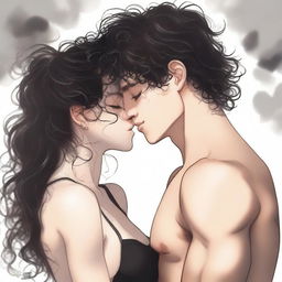 A romantic scene featuring a white girl with long wavy hazel hair kissing a white boy with really short curly black hair and prominent abs