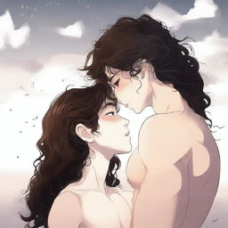 A romantic scene featuring a white girl with long wavy hazel hair kissing a white boy with really short curly black hair and prominent abs