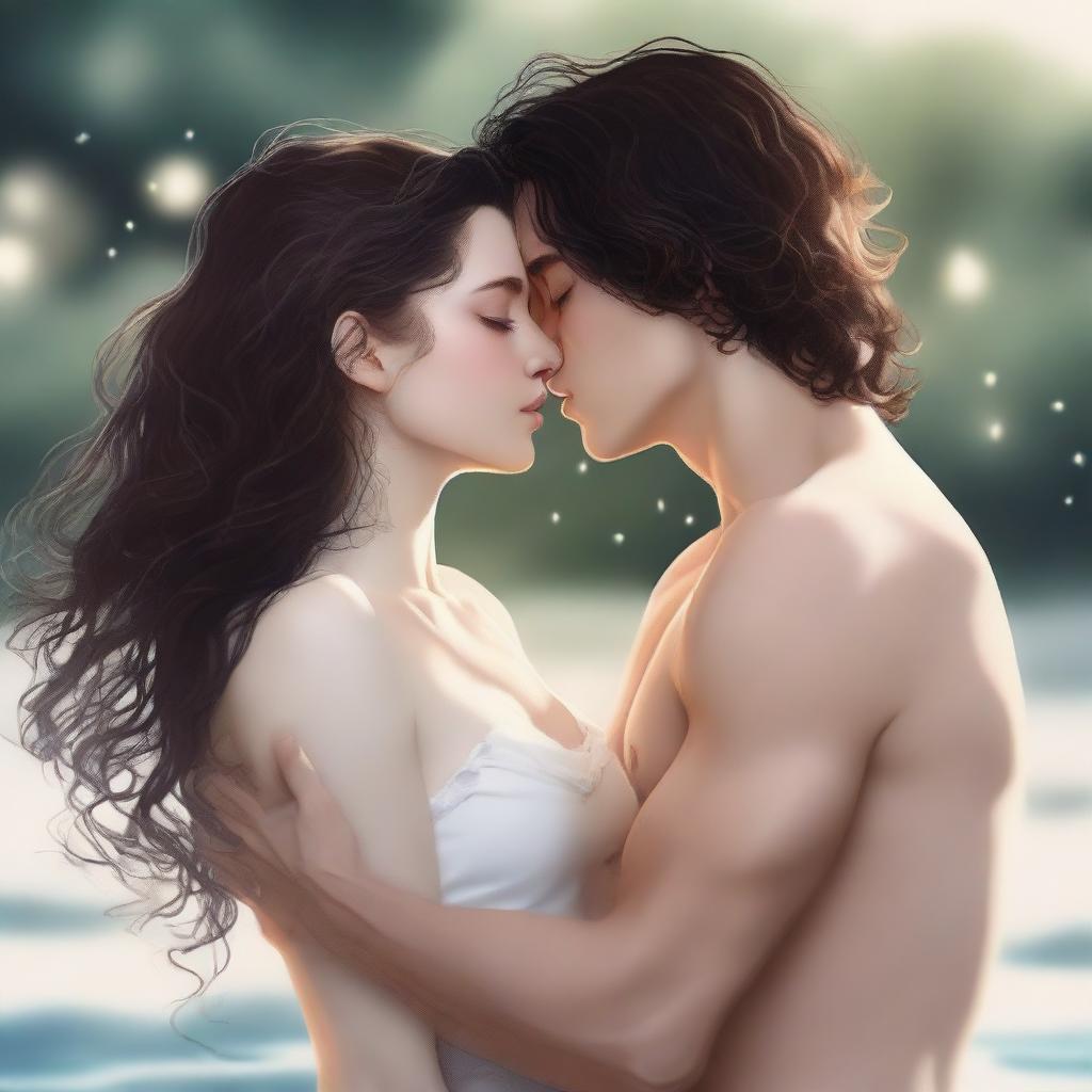 A romantic scene featuring a white girl with long wavy hazel hair kissing a white boy with really short curly black hair and prominent abs