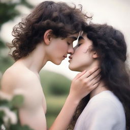 A romantic scene featuring a 15-year-old British girl with long wavy hazel hair kissing a 15-year-old British boy with really short curly black hair and prominent abs