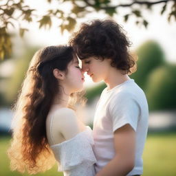 A romantic scene featuring a 15-year-old British girl with long wavy hazel hair kissing a 15-year-old British boy with really short curly black hair and prominent abs