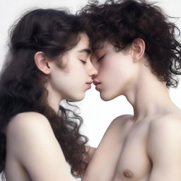 A romantic scene featuring a 15-year-old British girl with long wavy hazel hair kissing a 15-year-old British boy with really short curly black hair and prominent abs