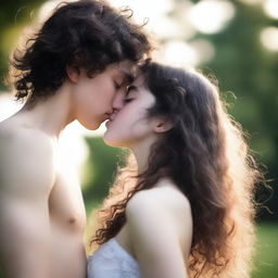 A romantic scene featuring a 15-year-old British girl with long wavy hazel hair kissing a 15-year-old British boy with really short curly black hair and prominent abs