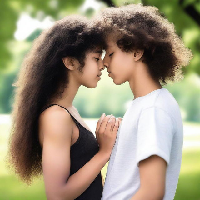 A romantic scene featuring a 15-year-old British girl with long wavy hazel hair kissing a 15-year-old British boy who has really short curly black hair and prominent abs